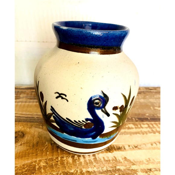 Vintage Hand Painted Stoneware Tonala Mexican Folk Pottery Vase Bird Cattails - Picture 7 of 7